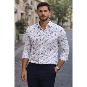Express Extra Slim Floral Button Down Shirt White Red Long Sleeve Casual Sz M